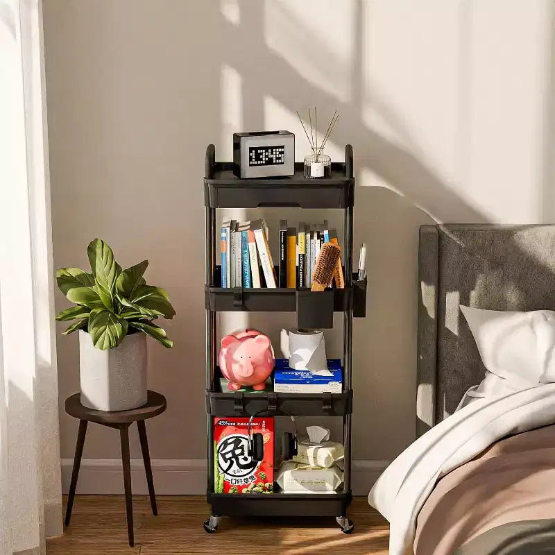 Chariot de rangement à roulettes 4 niveaux Aeelleea avec tiroir, desserte de rangement en plastique avec roues, roulettes verrouillables pour cuisine, salle de bain, bureau, chambre à coucher