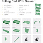 Chariot de rangement à roulettes 4 niveaux Aeelleea avec tiroir, desserte de rangement en plastique avec roues, roulettes verrouillables pour cuisine, salle de bain, bureau, chambre à coucher