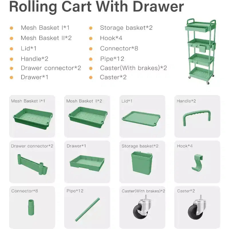 Chariot de rangement à roulettes 4 niveaux Aeelleea avec tiroir, desserte de rangement en plastique avec roues, roulettes verrouillables pour cuisine, salle de bain, bureau, chambre à coucher