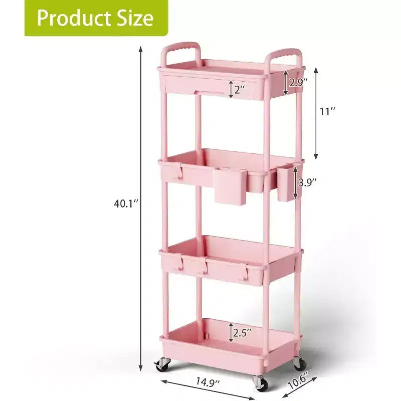 Chariot de rangement à roulettes 4 niveaux Aeelleea avec tiroir, desserte de rangement en plastique avec roues, roulettes verrouillables pour cuisine, salle de bain, bureau, chambre à coucher