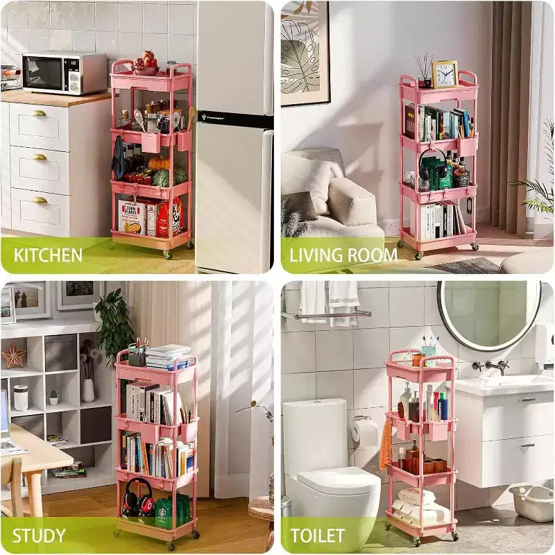 Chariot de rangement à roulettes 4 niveaux Aeelleea avec tiroir, desserte de rangement en plastique avec roues, roulettes verrouillables pour cuisine, salle de bain, bureau, chambre à coucher