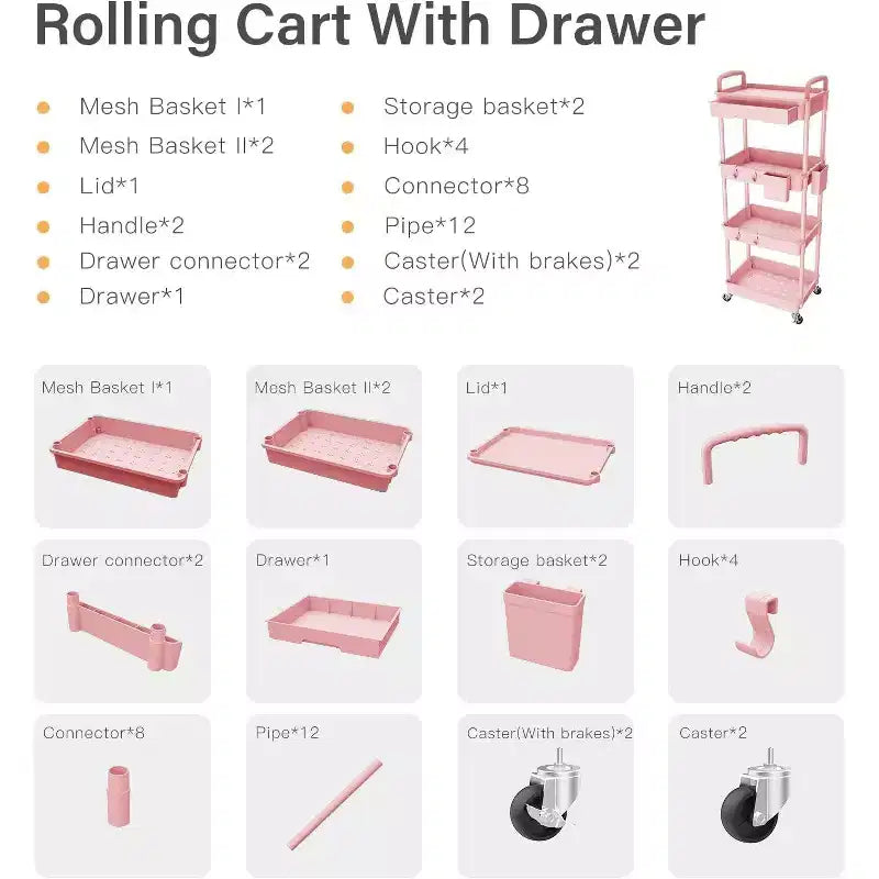 Chariot de rangement à roulettes 4 niveaux Aeelleea avec tiroir, desserte de rangement en plastique avec roues, roulettes verrouillables pour cuisine, salle de bain, bureau, chambre à coucher