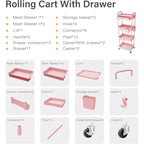 Chariot de rangement à roulettes 4 niveaux Aeelleea avec tiroir, desserte de rangement en plastique avec roues, roulettes verrouillables pour cuisine, salle de bain, bureau, chambre à coucher