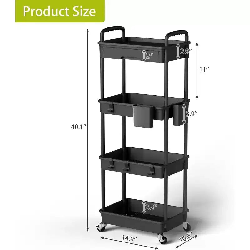Chariot de rangement à roulettes 4 niveaux Aeelleea avec tiroir, desserte de rangement en plastique avec roues, roulettes verrouillables pour cuisine, salle de bain, bureau, chambre à coucher