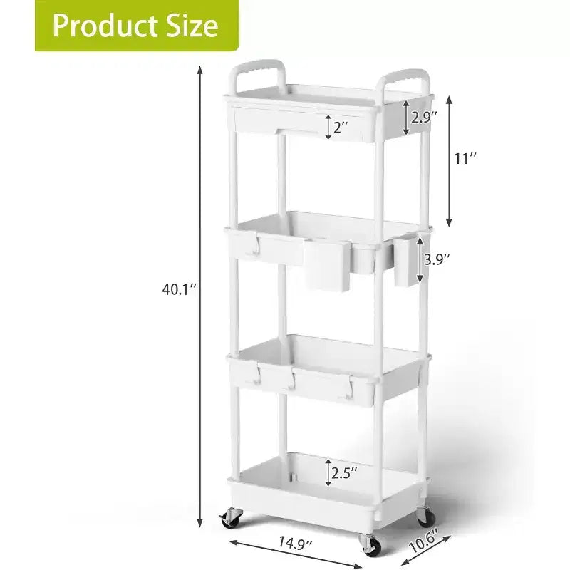 Chariot de rangement à roulettes 4 niveaux Aeelleea avec tiroir, desserte de rangement en plastique avec roues, roulettes verrouillables pour cuisine, salle de bain, bureau, chambre à coucher