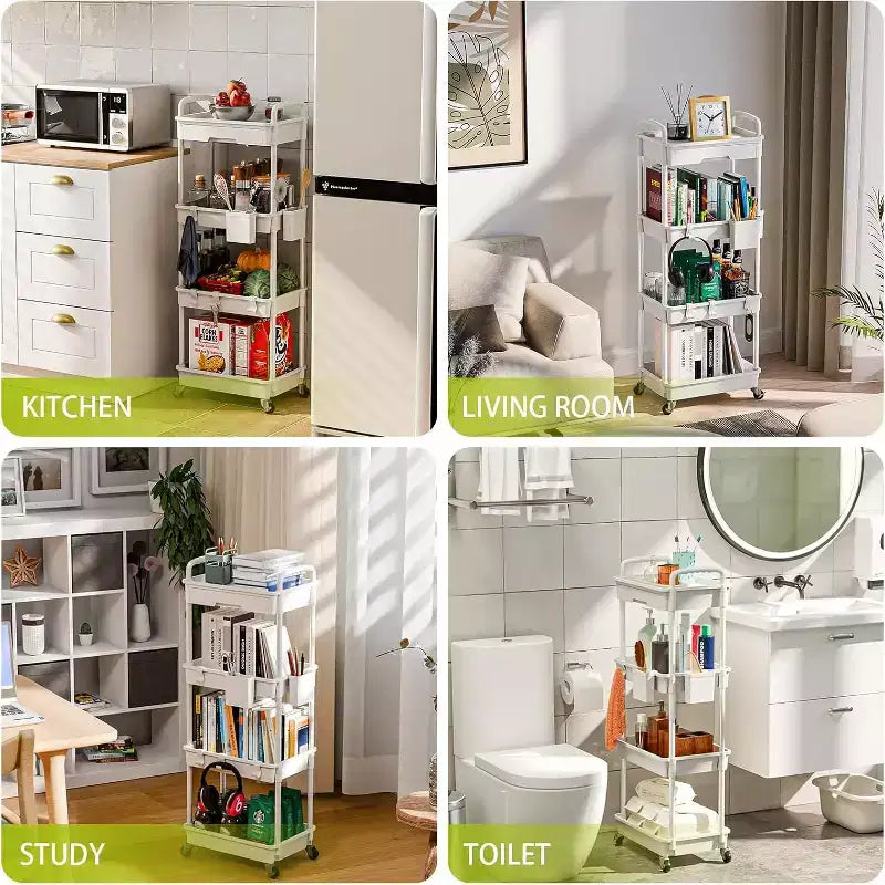 Chariot de rangement à roulettes 4 niveaux Aeelleea avec tiroir, desserte de rangement en plastique avec roues, roulettes verrouillables pour cuisine, salle de bain, bureau, chambre à coucher