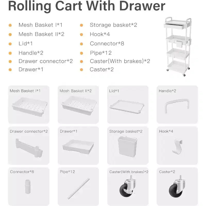Chariot de rangement à roulettes 4 niveaux Aeelleea avec tiroir, desserte de rangement en plastique avec roues, roulettes verrouillables pour cuisine, salle de bain, bureau, chambre à coucher