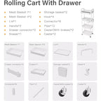 Chariot de rangement à roulettes 4 niveaux Aeelleea avec tiroir, desserte de rangement en plastique avec roues, roulettes verrouillables pour cuisine, salle de bain, bureau, chambre à coucher