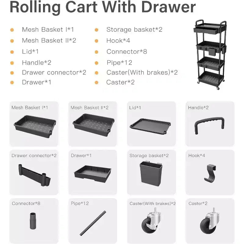 Chariot de rangement à roulettes 4 niveaux Aeelleea avec tiroir, desserte de rangement en plastique avec roues, roulettes verrouillables pour cuisine, salle de bain, bureau, chambre à coucher