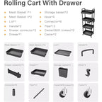 Chariot de rangement à roulettes 4 niveaux Aeelleea avec tiroir, desserte de rangement en plastique avec roues, roulettes verrouillables pour cuisine, salle de bain, bureau, chambre à coucher