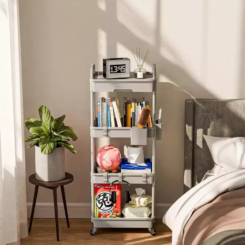Chariot de rangement à roulettes 4 niveaux Aeelleea avec tiroir, desserte de rangement en plastique avec roues, roulettes verrouillables pour cuisine, salle de bain, bureau, chambre à coucher