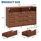 Commode moderne cannelée à 7 tiroirs de 137 cm avec lumières et station de charge, grand chiffonnier avec étagère ouverte et poignées dorées pour chambre à coucher/couloir