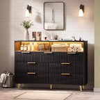 54 Modern Fluted 7-Drawer Dresser w/Lights & Charging Station,Wide Chest of Drawers w/ Open Shelf & Gold Handles for Bedroom/Hallway