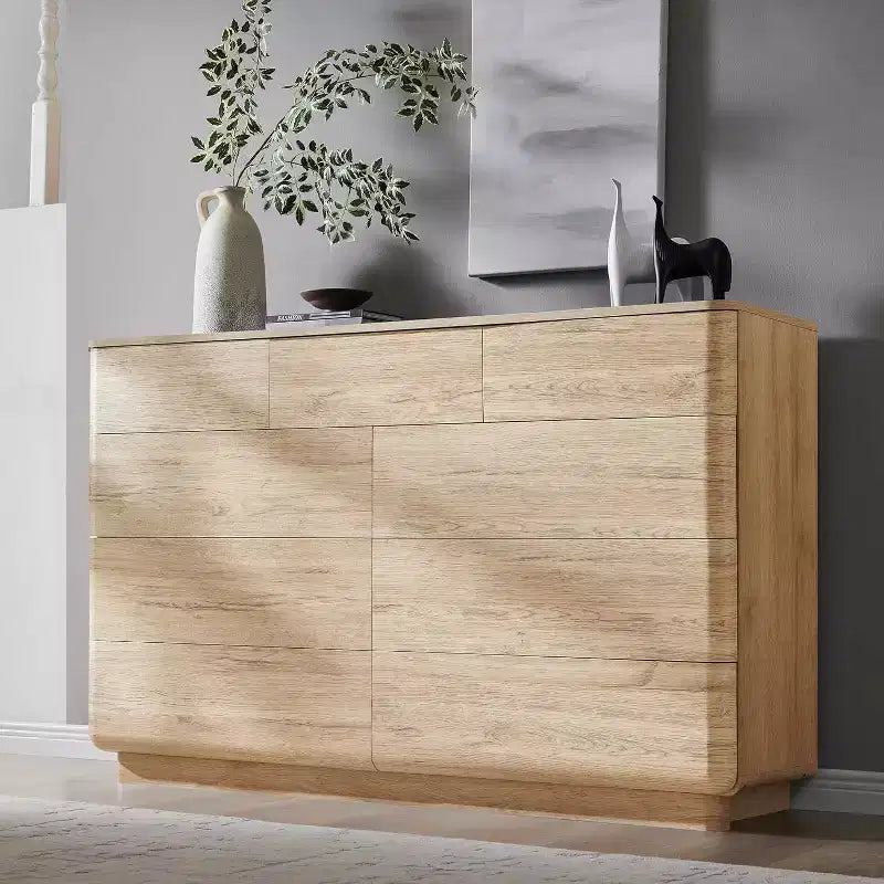 Commode à 9 tiroirs, chiffonnier en bois de 132 cm de large avec grand espace de rangement et design sans poignée, meuble TV moderne et organisateur de rangement