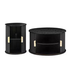 Ensemble de tables basses Mid-Century avec portes coulissantes à tambour, tables d'appoint rondes cannelées avec rangement pour salon, lot de 2, noir