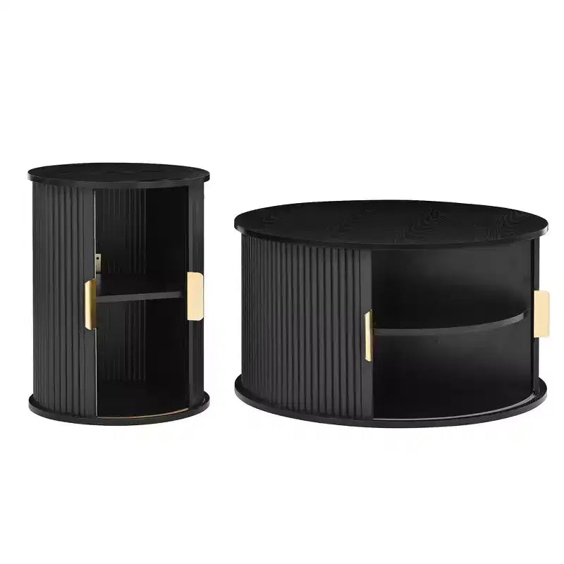 Ensemble de tables basses Mid-Century avec portes coulissantes à tambour, tables d'appoint rondes cannelées avec rangement pour salon, lot de 2, noir