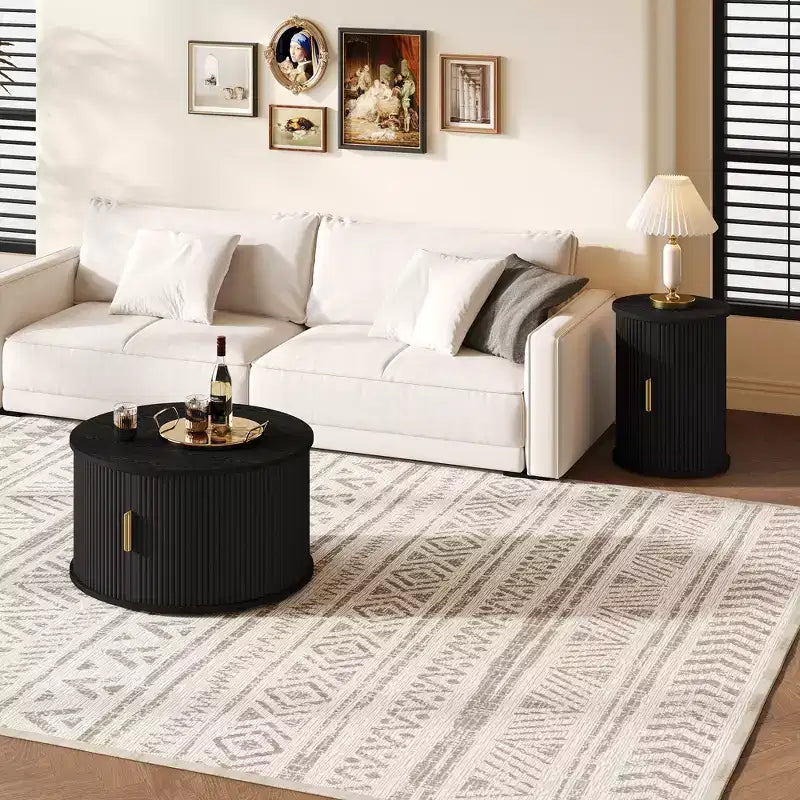 Ensemble de tables basses Mid-Century avec portes coulissantes à tambour, tables d'appoint rondes cannelées avec rangement pour salon, lot de 2, noir