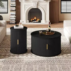 Ensemble de tables basses Mid-Century avec portes coulissantes à tambour, tables d'appoint rondes cannelées avec rangement pour salon, lot de 2, noir