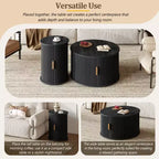 Ensemble de tables basses Mid-Century avec portes coulissantes à tambour, tables d'appoint rondes cannelées avec rangement pour salon, lot de 2, noir