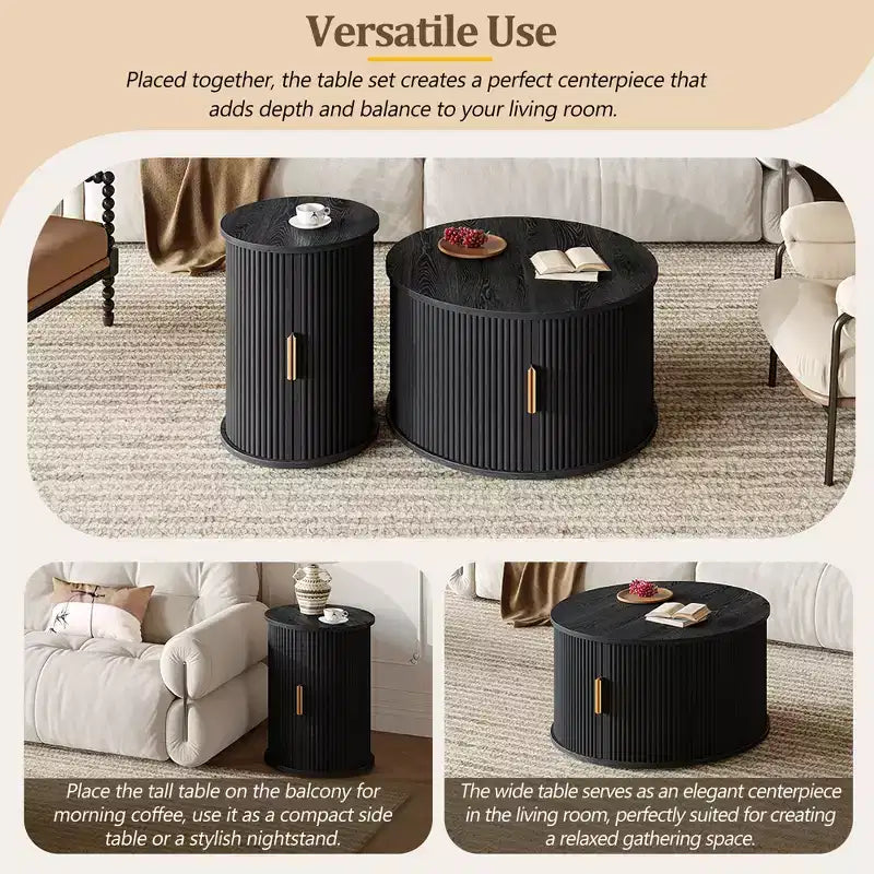 Ensemble de tables basses Mid-Century avec portes coulissantes à tambour, tables d'appoint rondes cannelées avec rangement pour salon, lot de 2, noir