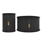 Ensemble de tables basses Mid-Century avec portes coulissantes à tambour, tables d'appoint rondes cannelées avec rangement pour salon, lot de 2, noir