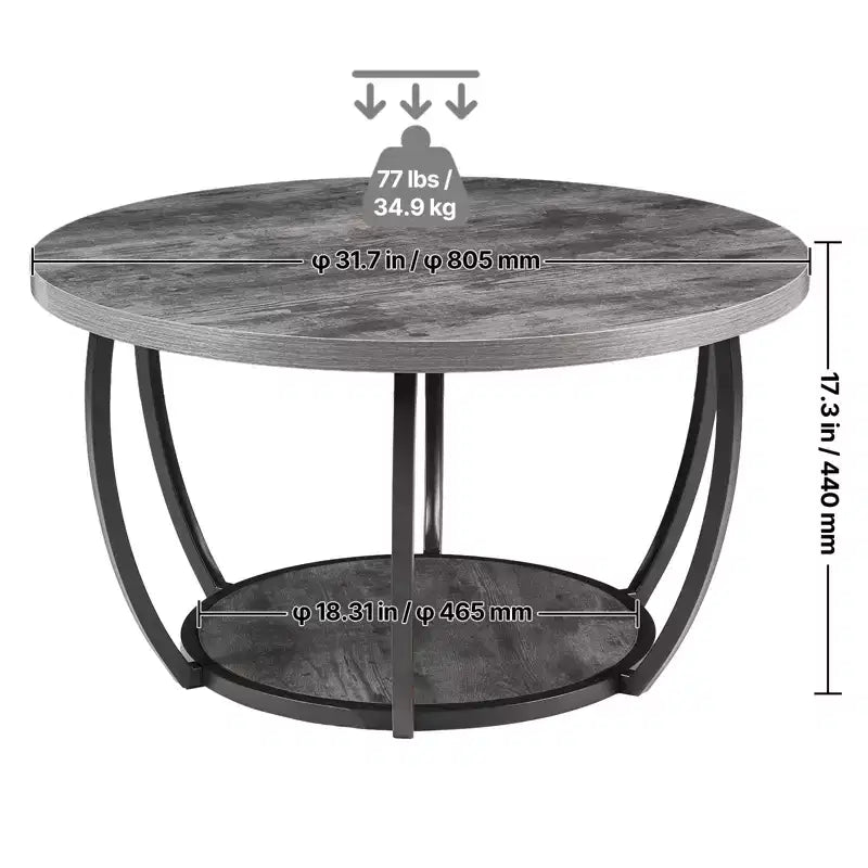 Table basse de la marque Fun little toys, table basse ronde moderne, bureau central rond en bois à 2 niveaux avec rangement ouvert, métal robuste et minimaliste