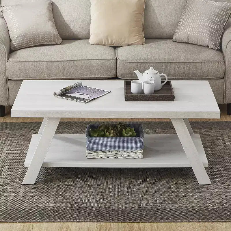 La marque de jouets amusants Athens Contemporary Wood Shelf Coffee Table, finition blanche