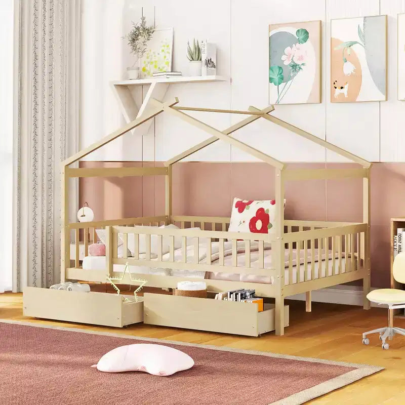 Lit cabane pour enfants JVNOXK avec toit ciel fantaisiste et rangement spacieux - Lit plateforme en bois de pin massif avec têtes de lit pour chambres imaginatives