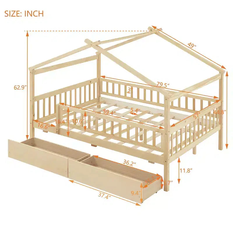 Lit cabane pour enfants JVNOXK avec toit ciel fantaisiste et rangement spacieux - Lit plateforme en bois de pin massif avec têtes de lit pour chambres imaginatives