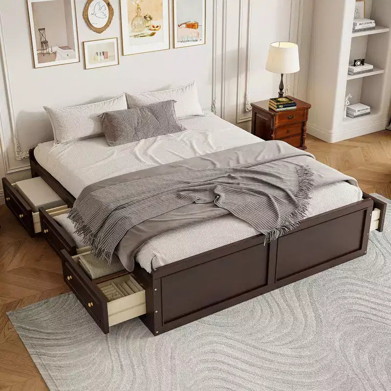 FAMYYT Lit plateforme en bois queen size avec 6 tiroirs, pas besoin de sommier, montage facile, couleur expresso