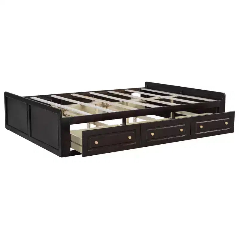FAMYYT Lit plateforme en bois queen size avec 6 tiroirs, pas besoin de sommier, montage facile, couleur expresso