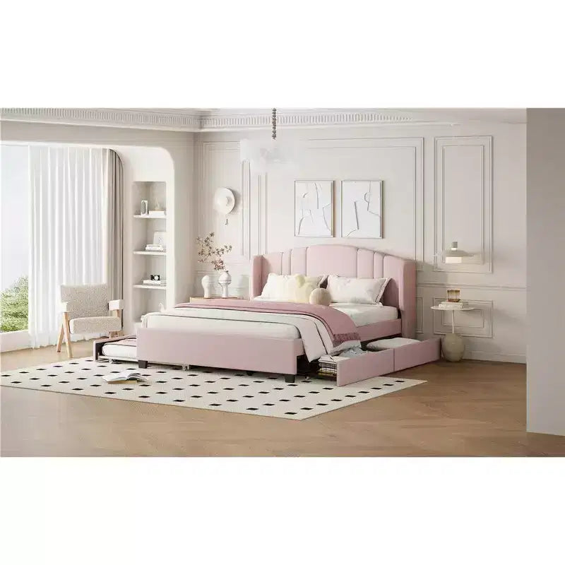 Lit plateforme rembourré queen avec tête de lit à oreilles, lit gigogne simple et 2 tiroirs, rose