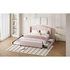 Lit plateforme rembourré queen avec tête de lit à oreilles, lit gigogne simple et 2 tiroirs, rose