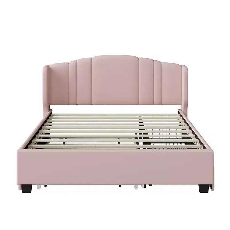 Lit plateforme rembourré queen avec tête de lit à oreilles, lit gigogne simple et 2 tiroirs, rose