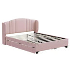 Lit plateforme rembourré queen avec tête de lit à oreilles, lit gigogne simple et 2 tiroirs, rose