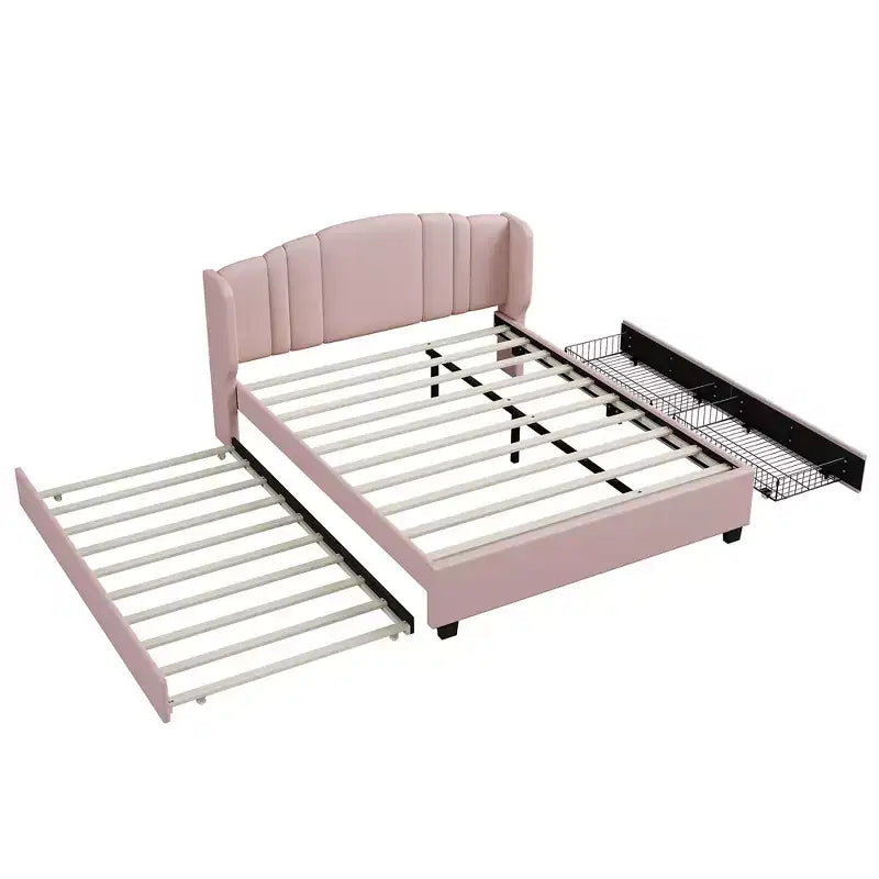 Lit plateforme rembourré queen avec tête de lit à oreilles, lit gigogne simple et 2 tiroirs, rose