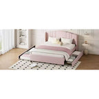 Lit plateforme rembourré queen avec tête de lit à oreilles, lit gigogne simple et 2 tiroirs, rose