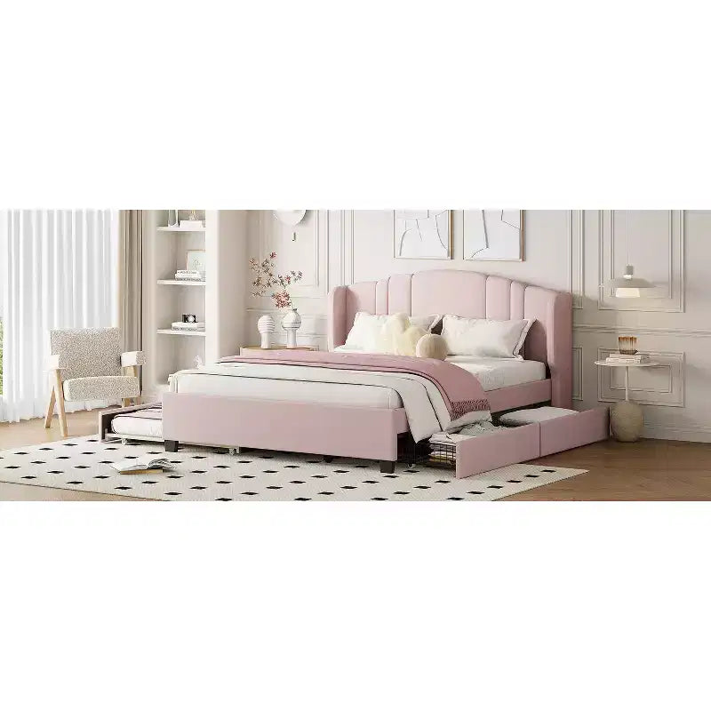 Lit plateforme rembourré queen avec tête de lit à oreilles, lit gigogne simple et 2 tiroirs, rose