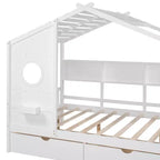 Lit cabane en bois avec 2 tiroirs et étagère de rangement pour enfants, blanc