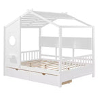 Lit cabane en bois avec 2 tiroirs et étagère de rangement pour enfants, blanc