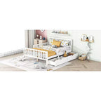 Lit plateforme entièrement en bois avec barrières de sécurité et 2 tiroirs de rangement, blanc