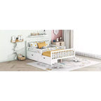 Lit plateforme entièrement en bois avec barrières de sécurité et 2 tiroirs de rangement, blanc