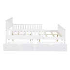 Lit plateforme entièrement en bois avec barrières de sécurité et 2 tiroirs de rangement, blanc