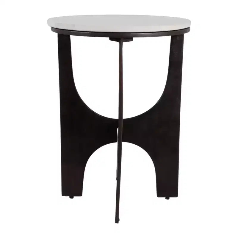 Table d'appoint contemporaine ronde avec plateau en marbre et base en métal pour la décoration intérieure - Table d'appoint étroite sculpturale pour petits espaces - 22, Blanc et bronze