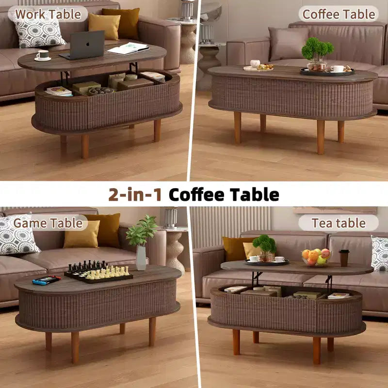 JVNOXK Table basse à plateau relevable cannelé avec compartiment caché, table centrale en bois, plateau relevable ovale moderne pour salon, bureau, couleur noyer
