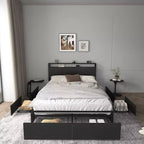 Cadre de lit moderne Marias GDFStudio avec 6 tiroirs, lumières LED et tête de lit de rangement