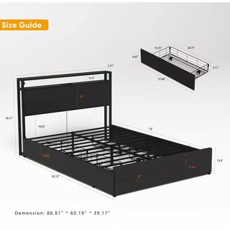 Cadre de lit moderne Marias GDFStudio avec 6 tiroirs, lumières LED et tête de lit de rangement