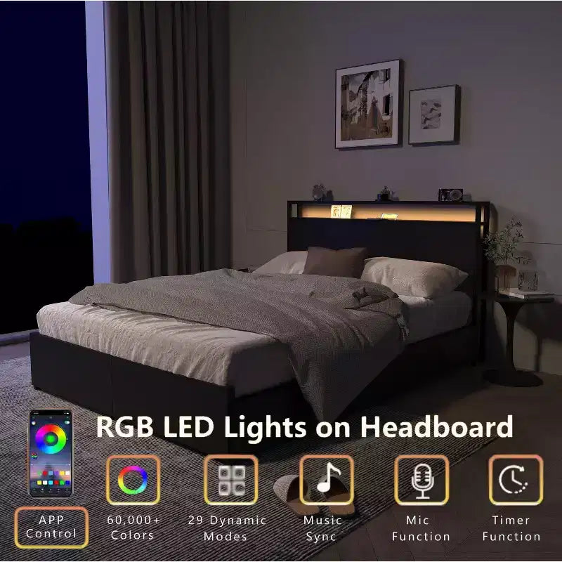 Cadre de lit moderne Marias GDFStudio avec 6 tiroirs, lumières LED et tête de lit de rangement