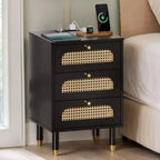 Karl Home 15.75 Inch 3-Drawer Rattan Nightstand with US Standard Power Outlet