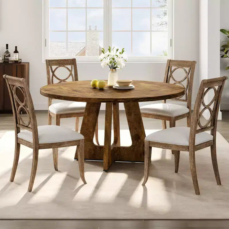 Table à manger ronde de 47 pouces pour 4 à 6 personnes, table de cuisine circulaire de style rustique avec piédestal en croix en bois pour salle à manger (table uniquement)